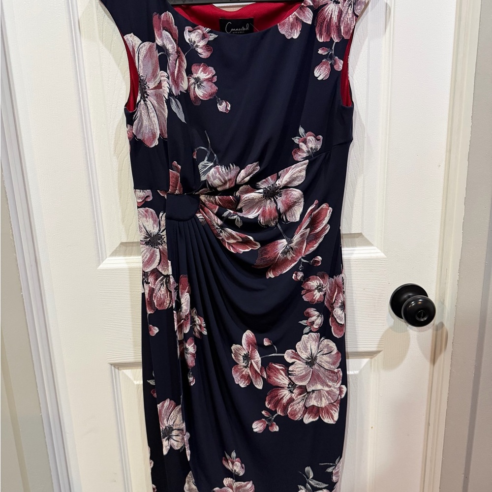 Connected Apparel Navy and Pink Floral Midi Dress